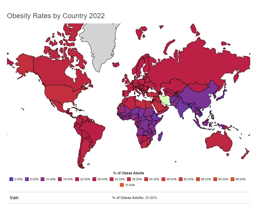 نقشه آمار چاقی در سال 2022 - کشور ایران به رنگ سبز نمایش داده شده است و در پایین نقشه، عدد 25.80 را نشان می دهد. این عدد را در کنار میزان استفاده از تردمیل باید قرار داد تا به آمار دقیق تری رسید.